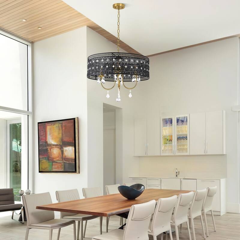 4-Light Elegant Black Lace - Trimmed Crystal Chandelier with Gold - Tone Hardware for Home Decoration - Matte Black