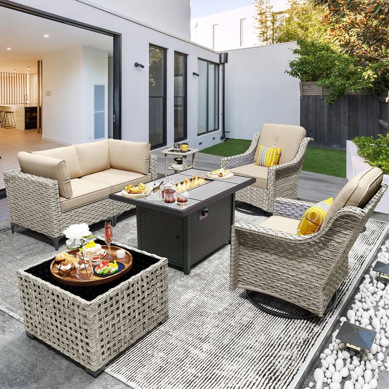 OVIOS 7 Pieces Outdoor Wicker Furniture Set With Solar-Powered Coffee Table&Fire Pit - Beige