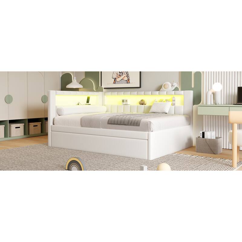 Roomfitters Full Size Upholstered Platform Bed with USB Ports, LED Light Belt and Twin Trundle, Modern Sleeper Bed, White