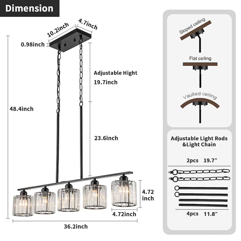 Starsky 5-Light Modern Glass Crystal Chandelier Cluster Linear Kitchen Island Light with Cylindrical Shade