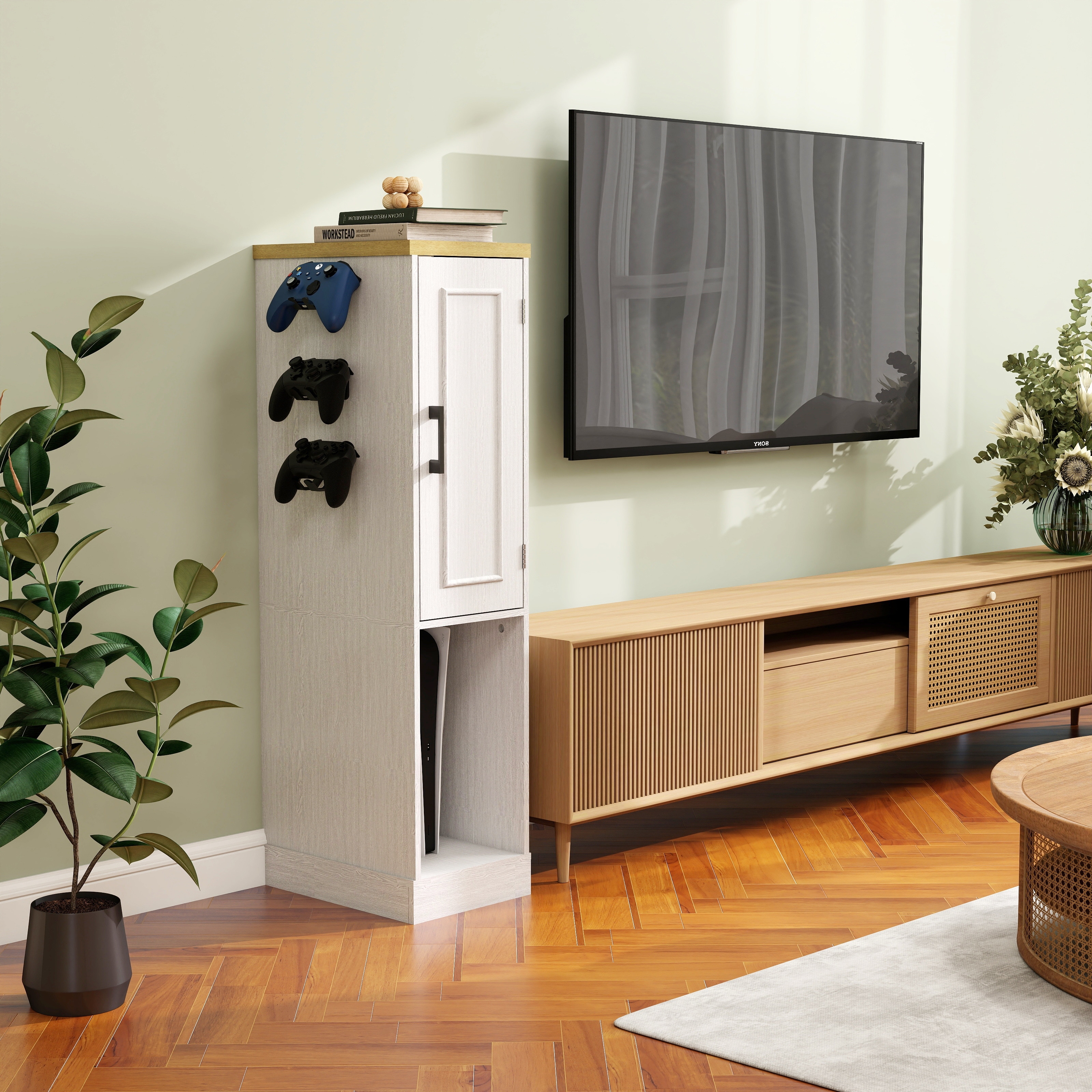 44.49 Inch Slim AV Media Stand Game Console Stand Media Storage With Two Built-In Drawers Three Hooks