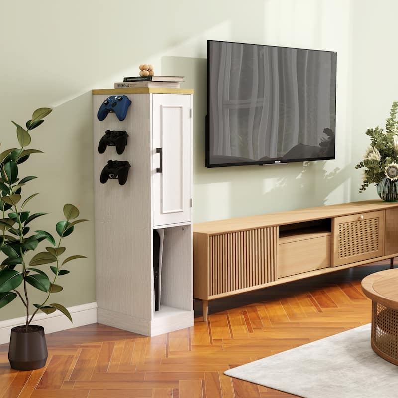 Anmytek Slim Antique White Game Console Storage Cabinet with 2 Drawers & 3 Hooks, AV Media Stand for PS5 Xbox