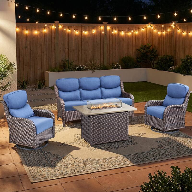 Pocassy Outdoor Fire Pit with Sofa Swivel Chairs Conversation Set - Brown Wicker Blue Cushion - 4-Piece Sofa Swivel Chair w/ Fie Pit Table