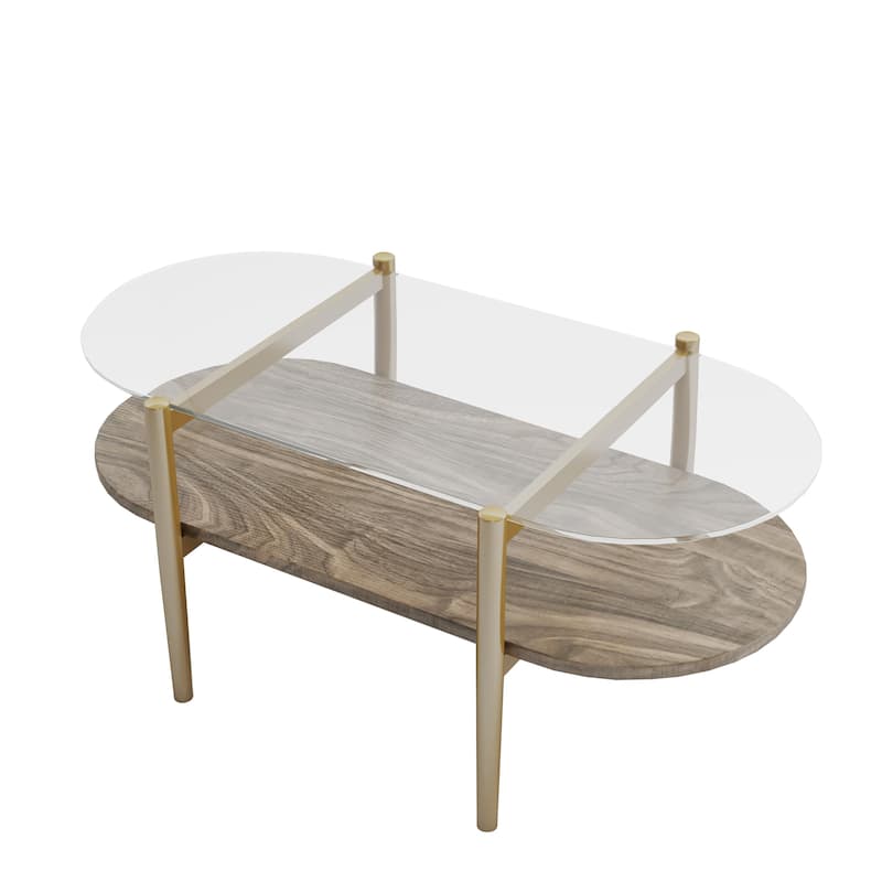 Modern Coffee Table with Clear Glass Top, Capsule Shape 2 Tier Center Table with Wood Shelf and Metal Legs for Living Room