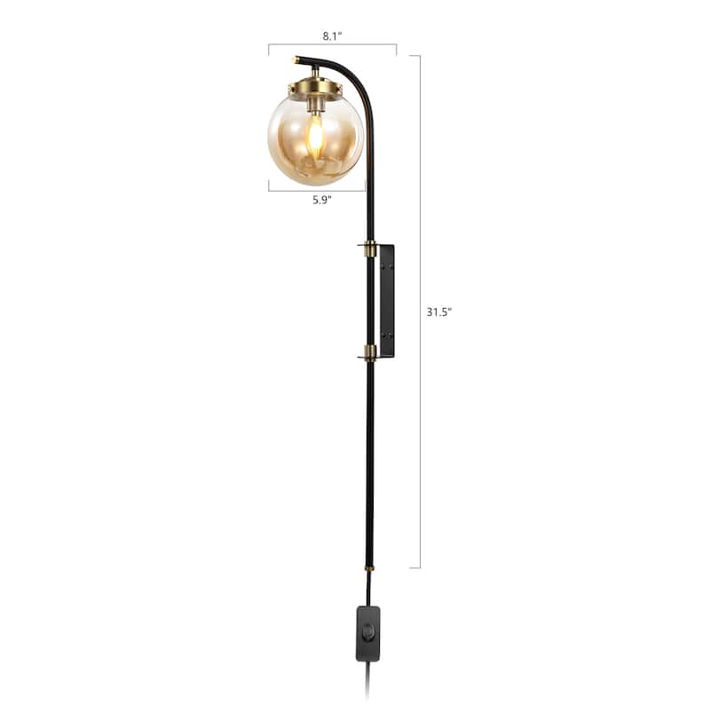 Set of 2 Bulbs Required Light Black Plug in Swing Arm Wall Lamps with Globe Shade and 72 in Cord for Living Room - 5.9''