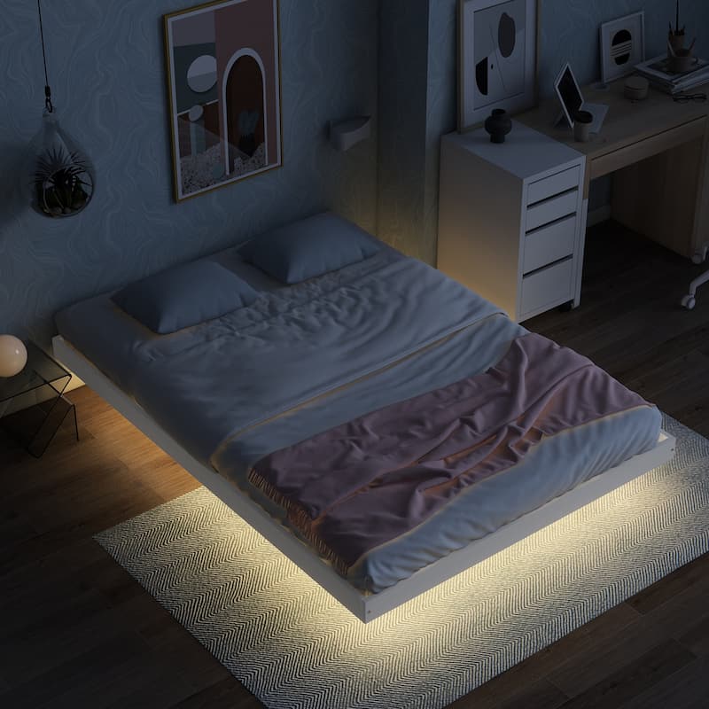 Full Size Modern And Concise Style Floating Bed With LED Lights