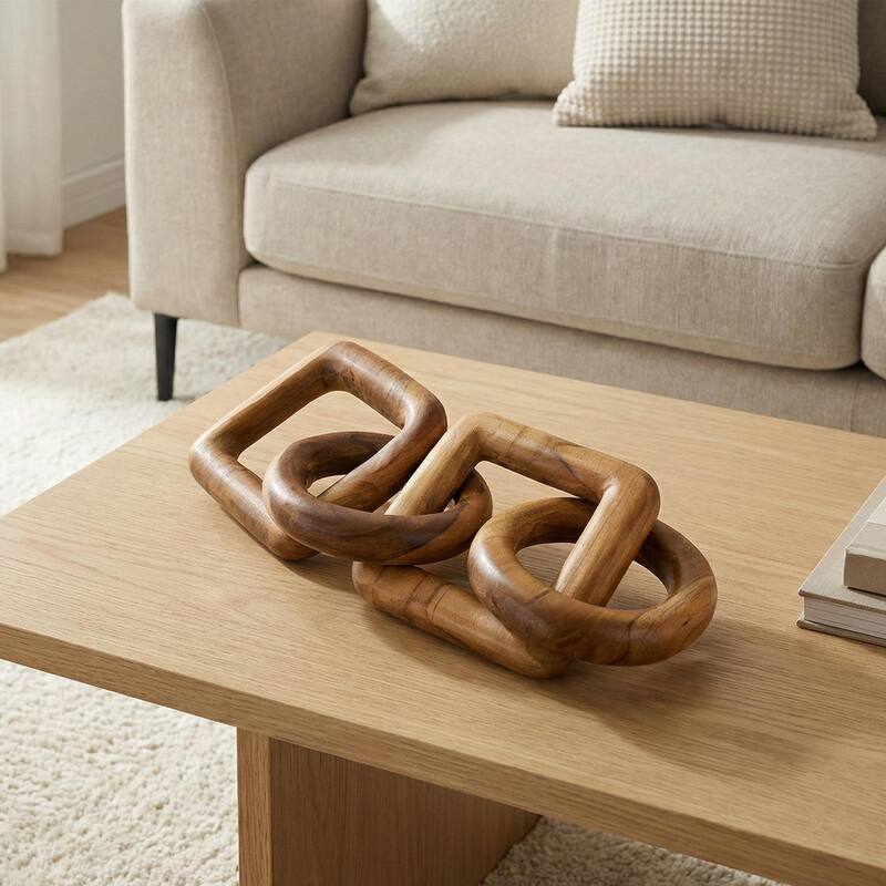 Wood Chain Link Sculpture - Hand Carved 2 Round 1 Square Link Decor, Rustic Modern Accent