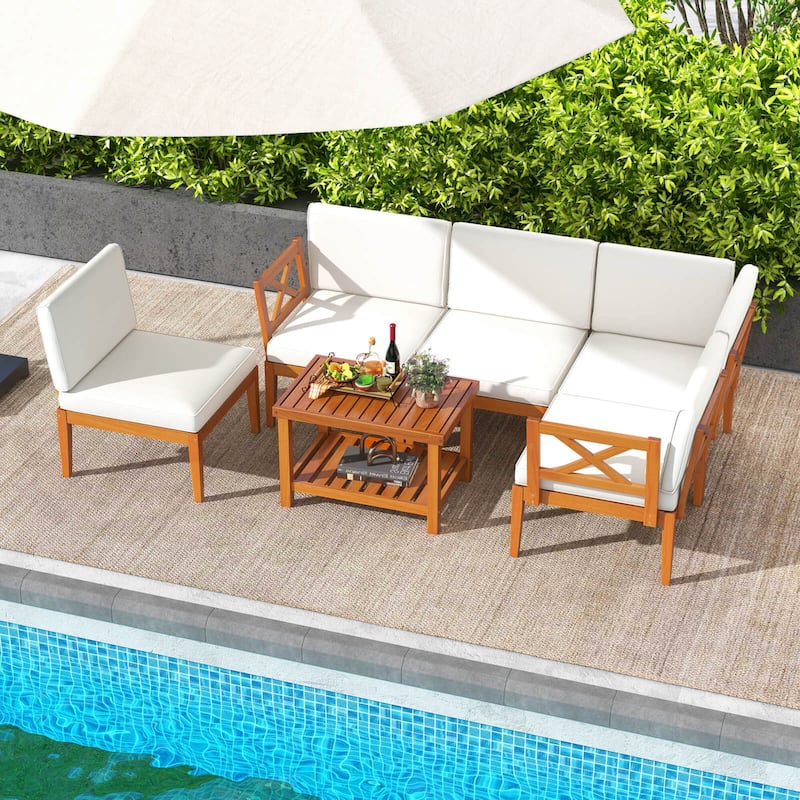 Costway 6 PCS Acacia Wood Patio Furniture Set with Cushions and 2-Tier - See Details - Off White+Natural - See Details