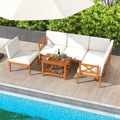 Costway 6 PCS Acacia Wood Patio Furniture Set with Cushions and 2-Tier - See Details