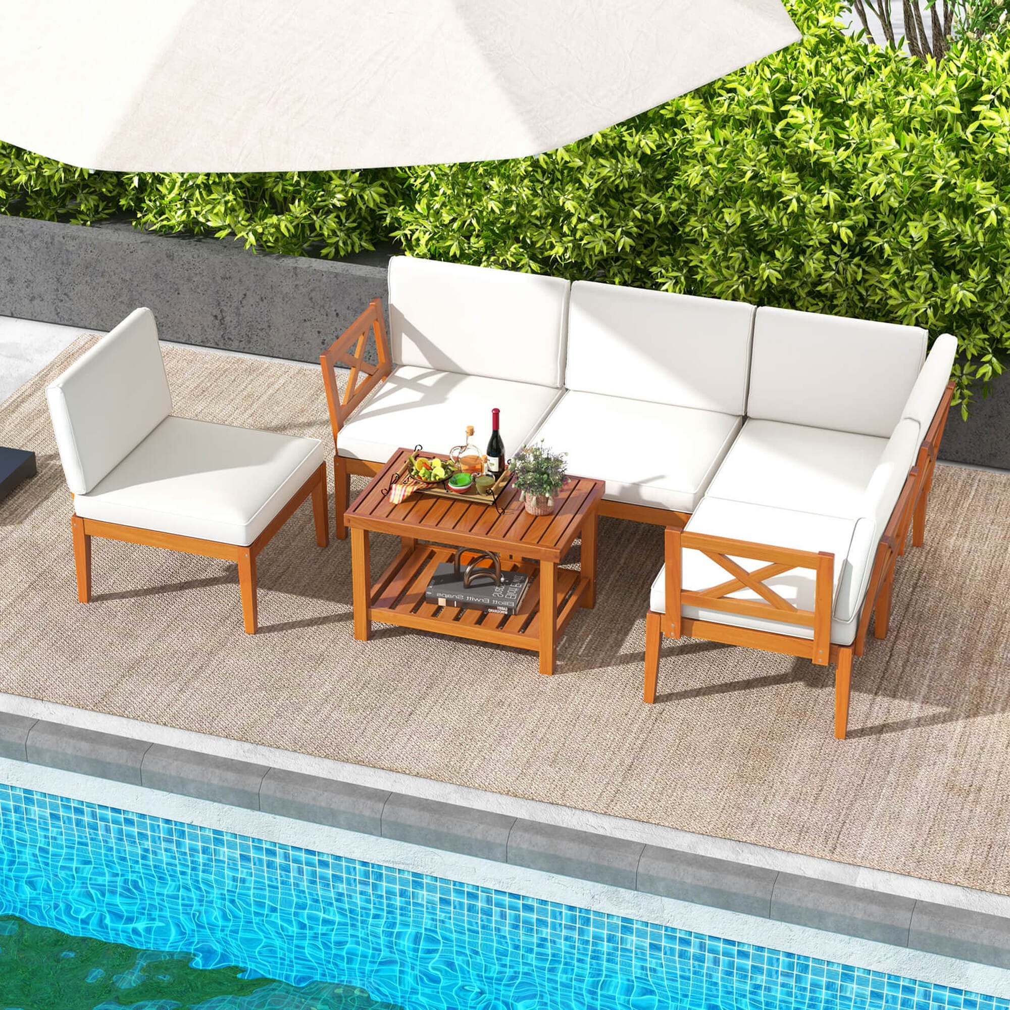 Costway 6 PCS Acacia Wood Patio Furniture Set with Cushions and 2-Tier - See Details