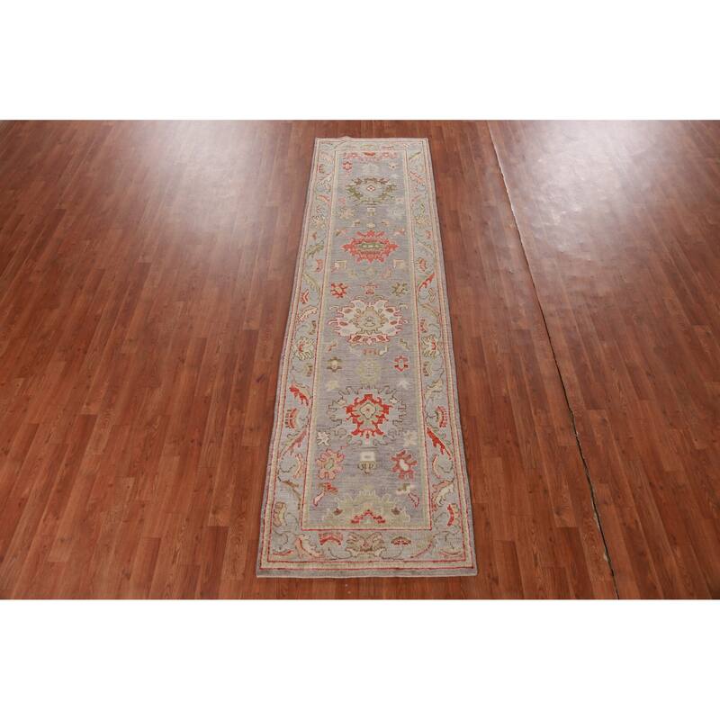 Hand Knotted Oriental 100% Wool Carpet Transitional All-Over Greys & Charcoal Oushak Runner Rug - 9' 8'' X 2' 8''