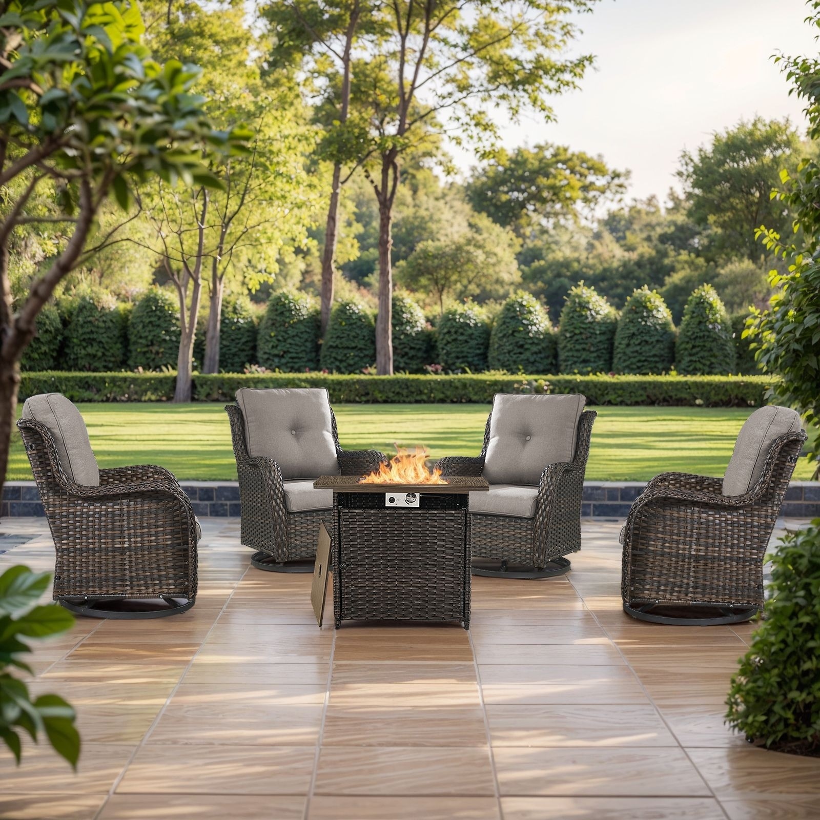 Gymojoy 5-Piece Outdoor Furniture Chair Set, 4 Swivel Chairs & 55K BTU Fire Pit Table