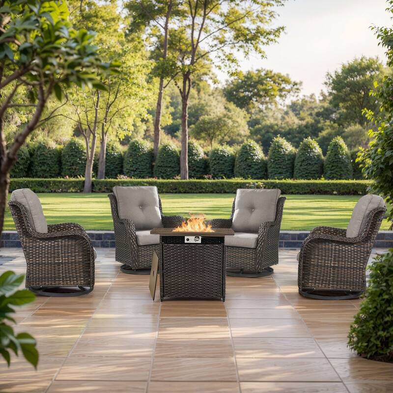 Pocassy Fire Pit Table with Sofa Swivel Chairs Set - Brown Wicker Gray Cushion - 5 Pieces Swivel Chair with Fire Table