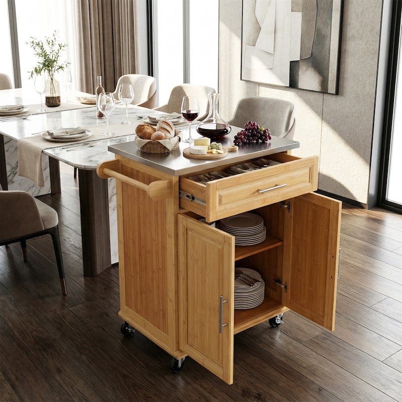 Christopher Knight Home - 29"W Bamboo Outdoor Kitchen Cart with Stainless Steel Top