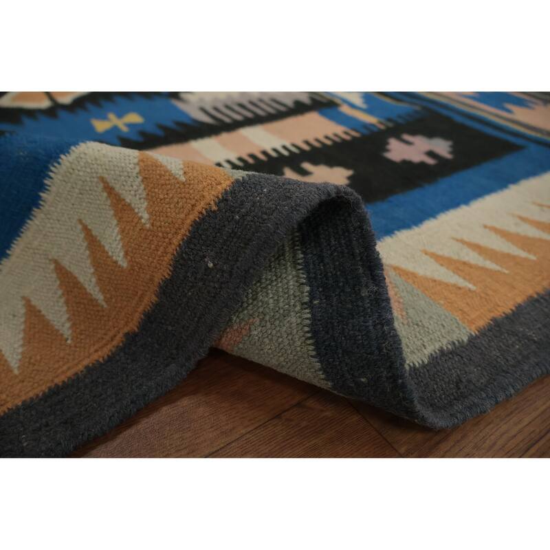 Hand Woven Oriental 100% Wool Carpet Southwestern Tribal Navy Blue & Blues Kilim Area Rug - 6' 11'' X 4' 5''