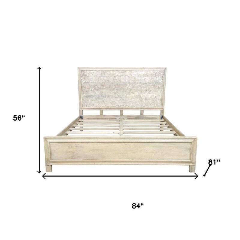 HomeRoots Gray Carved Abstract Solid Wood King Bed Frame