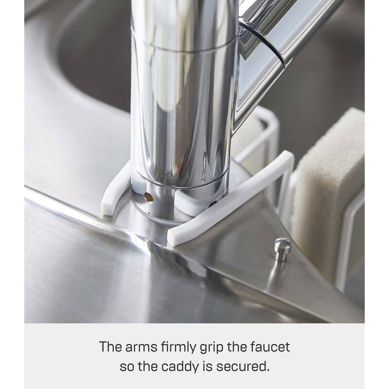 Yamazaki Home Faucet-Hanging Sponge and Brush Holder, Steel, Holds 1.1 lbs - L 6.89 x W 5.51 x H 5.12 inches