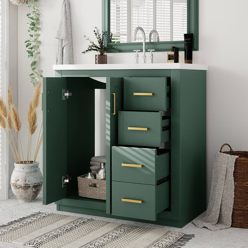 Bathroom Vanity with Ceramic Sink, Vanity Set with 3 Drawers and Doors, Bathroom Storage Cabinet with Solid Wood Frame