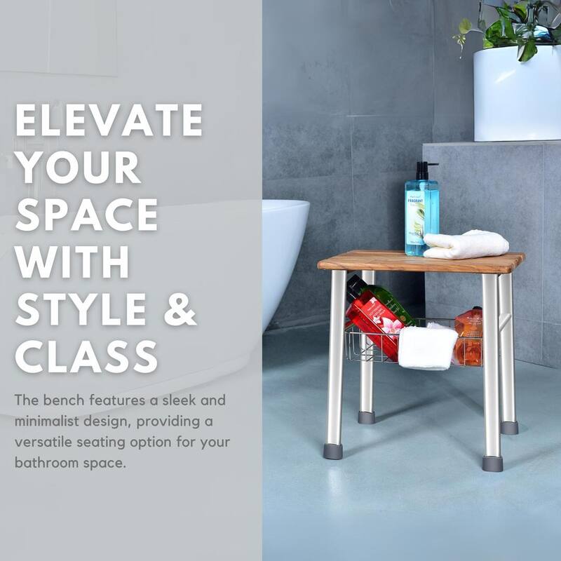 Deluxe Teak and Stainless Steel Shower Seat Organizer (No Handles) - Bathroom Shower Stool, Chair, and Storage - 19.7 x 13 x 6.4