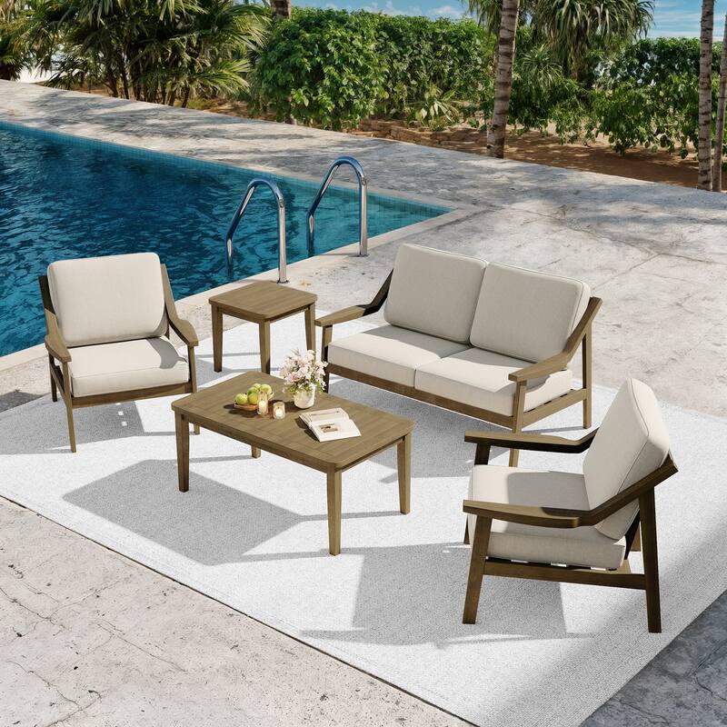 5-piece Adirondack Patio Teak Lounge Chairs Loveseat Conversation Set - NaturalFrame-Light Camel