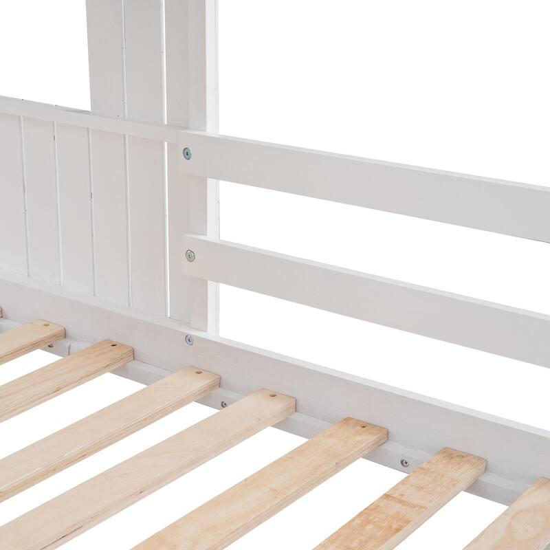 House Bunk Beds with Slide, Wood Twin Over Full Bunk Beds with Roof and Guard Rail for Kids, Toddlers