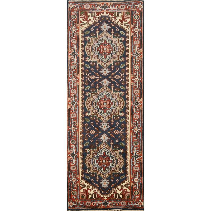 Hand Knotted Oriental 100% Wool Carpet Traditional Geometric Navy Blue & Blues Heriz (serapi) Runner Rug - 8' 4'' X 2' 5''