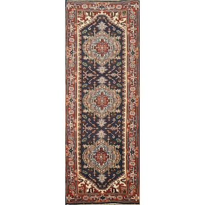 Hand Knotted Oriental 100% Wool Carpet Traditional Geometric Navy Blue & Blues Heriz (serapi) Runner Rug - 8' 4'' X 2' 5''