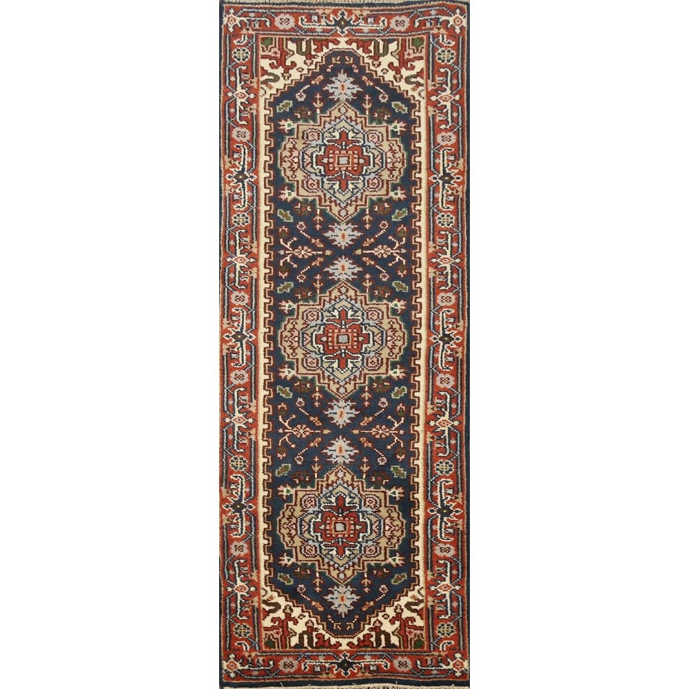 Hand Knotted Oriental 100% Wool Carpet Traditional Geometric Navy Blue & Blues Heriz (serapi) Runner Rug - 8' 4'' X 2' 5''