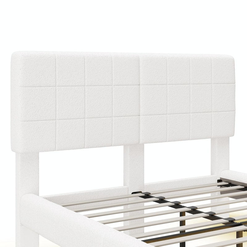 White Bouclé Floating Bed with Ambient Light