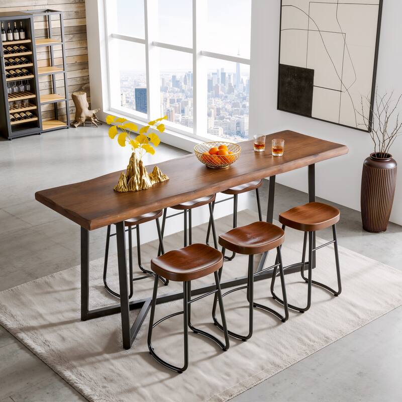 Solid Wood Industrial Bar Table, 63-Inch Counter Height Pub Table with Sturdy Metal Frame - Brown