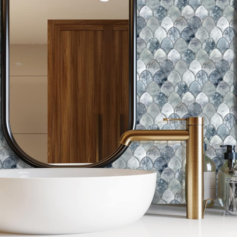 Seashell 12x13 Cyan Frosted Glass Fish Scale Mosaic Tile - Wall & Backsplash