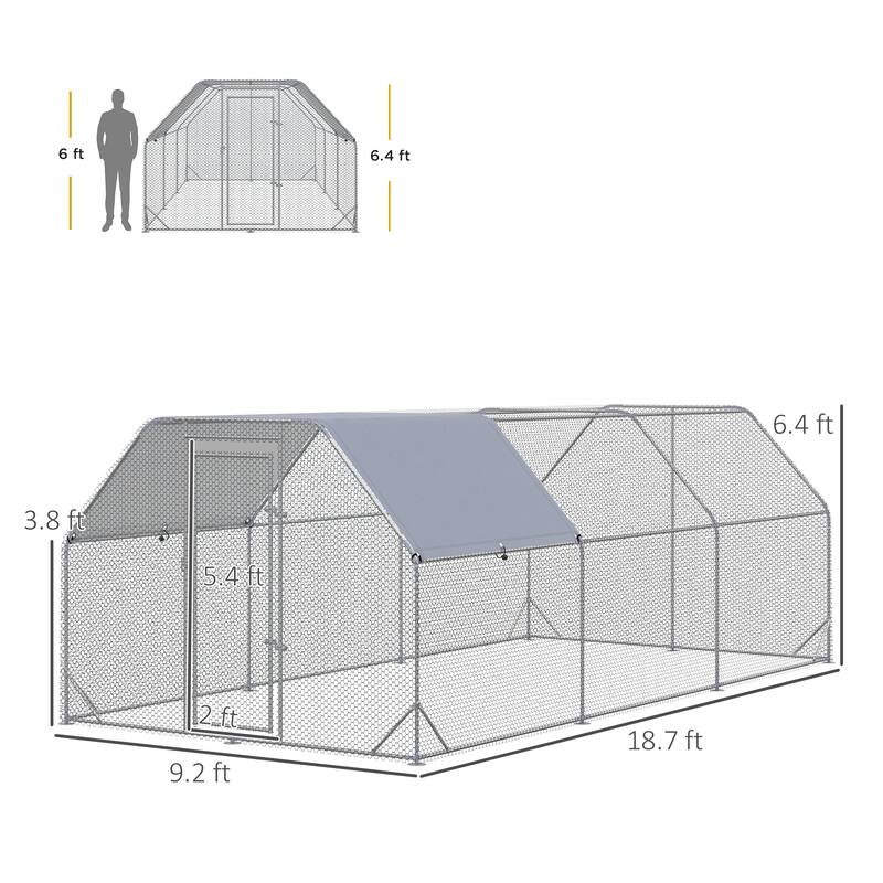 PawHut Large Chicken Coop Metal Chicken Run with Waterproof and Anti-UV Cover, Flat Shaped Walk in Fence Cage Hen House