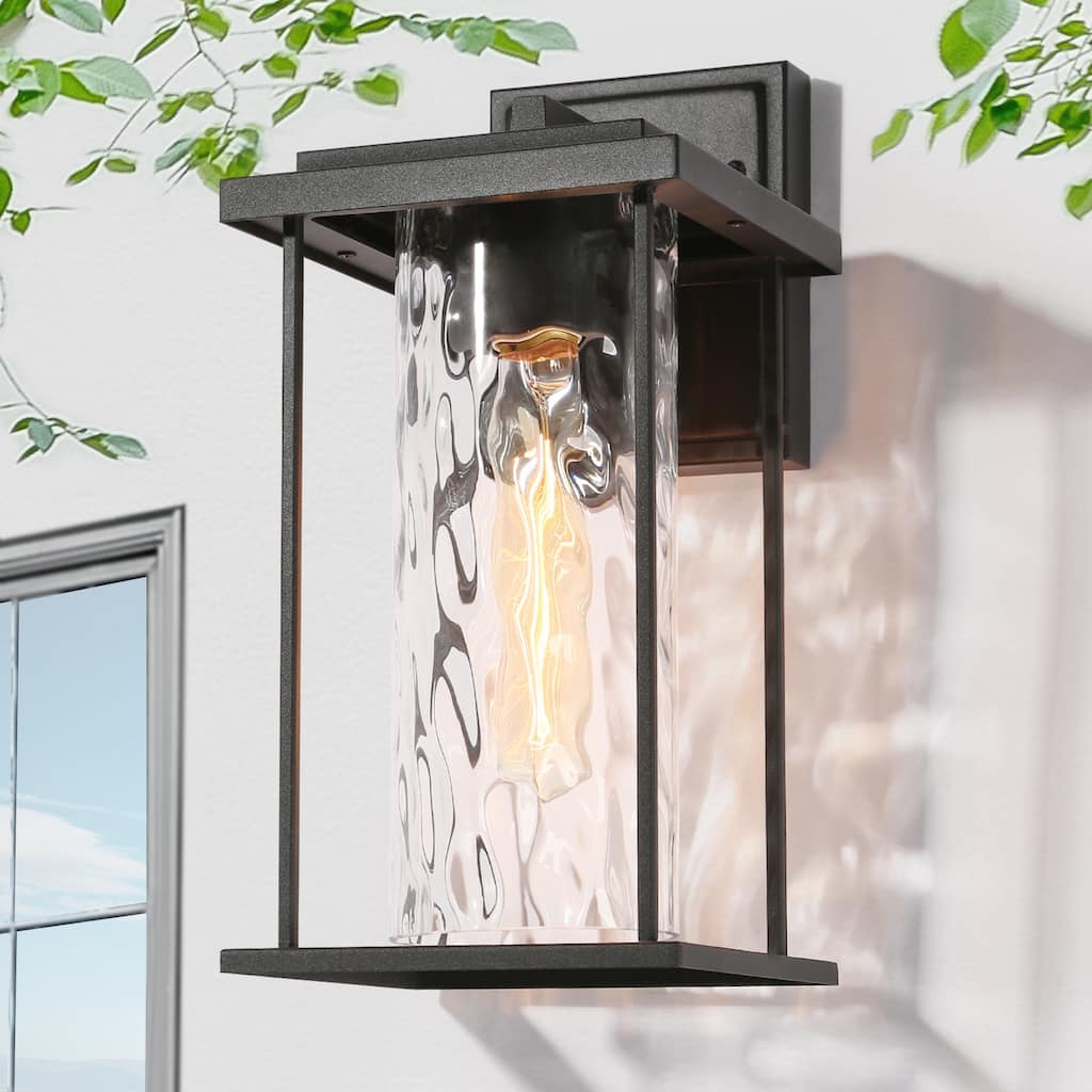 Modern Farmhouse 1-Light Black Outdoor Wall Sconce Water Ripple Glass Lantern - L 13.4" x W 6.7" x H 8.3"