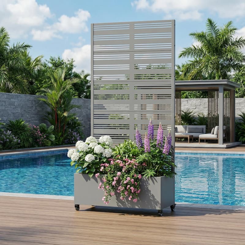Outdoor Metal Galvanized Privacy Screen Planter Box with Trellis Lockable Wheels