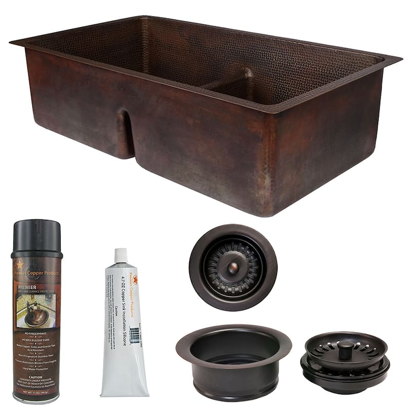 33-in Hammered Copper Kitchen 50/50 Double Basin Sink with Short 5-in Divider w/ Accessories (KSP3_K50DB33199-SD5)