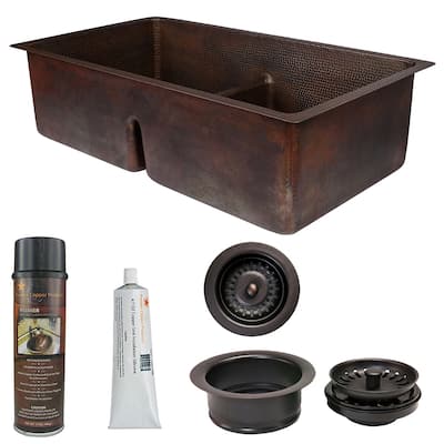 33-in Hammered Copper Kitchen 50/50 Double Basin Sink with Short 5-in Divider w/ Accessories (KSP3_K50DB33199-SD5)
