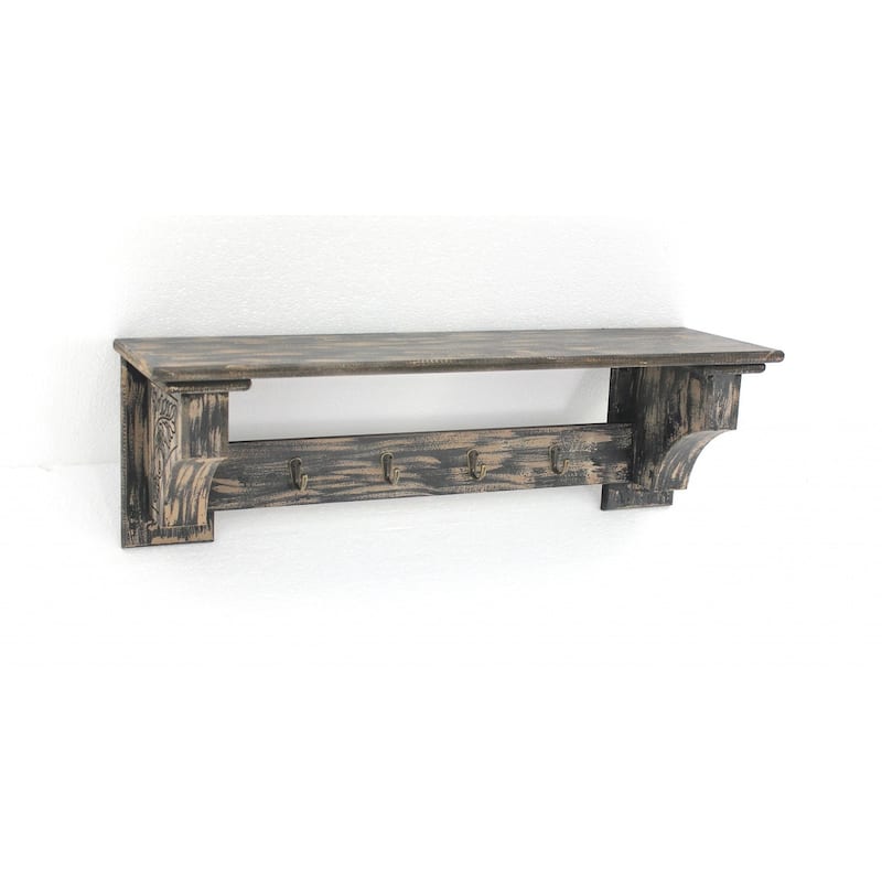 HomeRoots 30" Black Distressed Wood Four Hook Wall Mounted Hanging Coat Rack - 8" x 30" x 9.75"