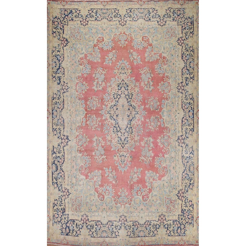 Hand Knotted Oriental 100% Wool Carpet Traditional Floral Pink Kerman Area Rug - 14' 0'' X 9' 11''