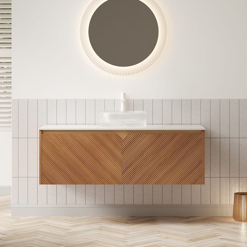 48" Bathroom Vanity with Vessel Sink, Wall-Mounted Floating Storage Cabinet with Double Doors - Oak-Clear
