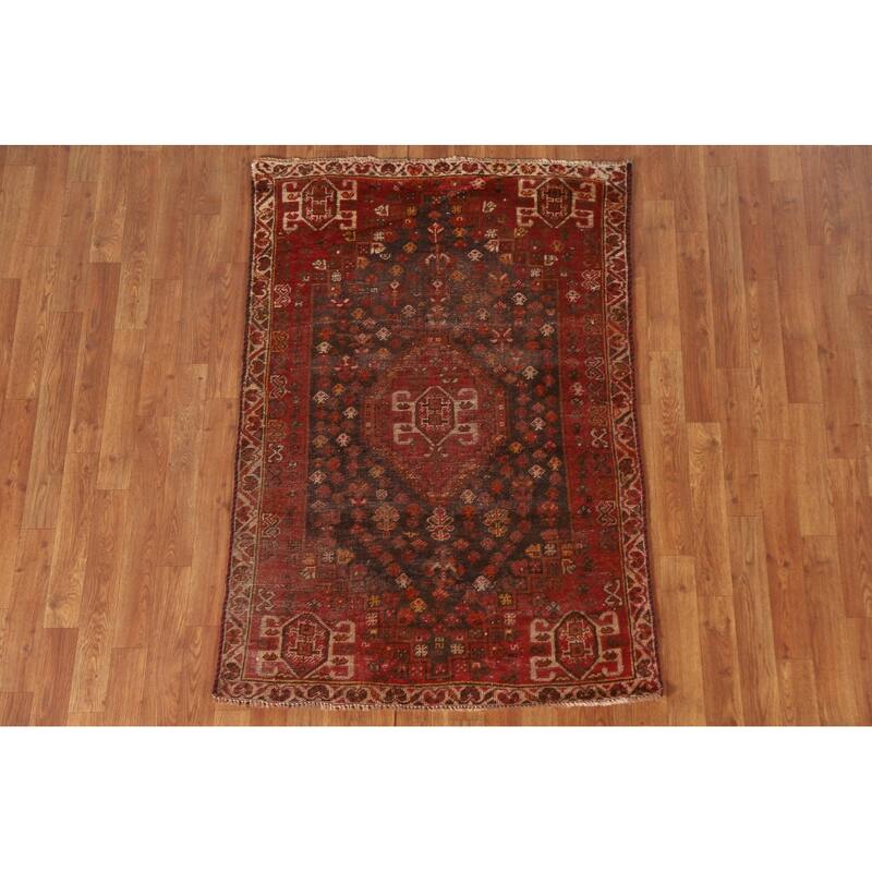 Vegetable Dye Red Shiraz Persian Antique Area Rug Handmade Wool Carpet - 3'3"x 4'11"
