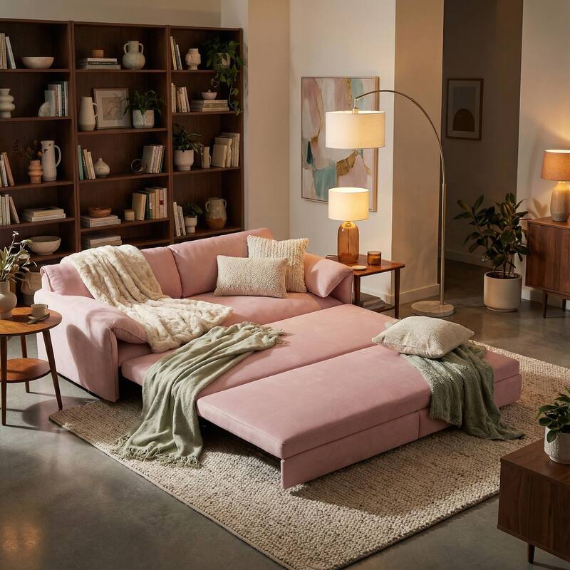 Homy Casa 66" Queen Pull-Out Sofa Bed with Storage, Velvet Loveseat