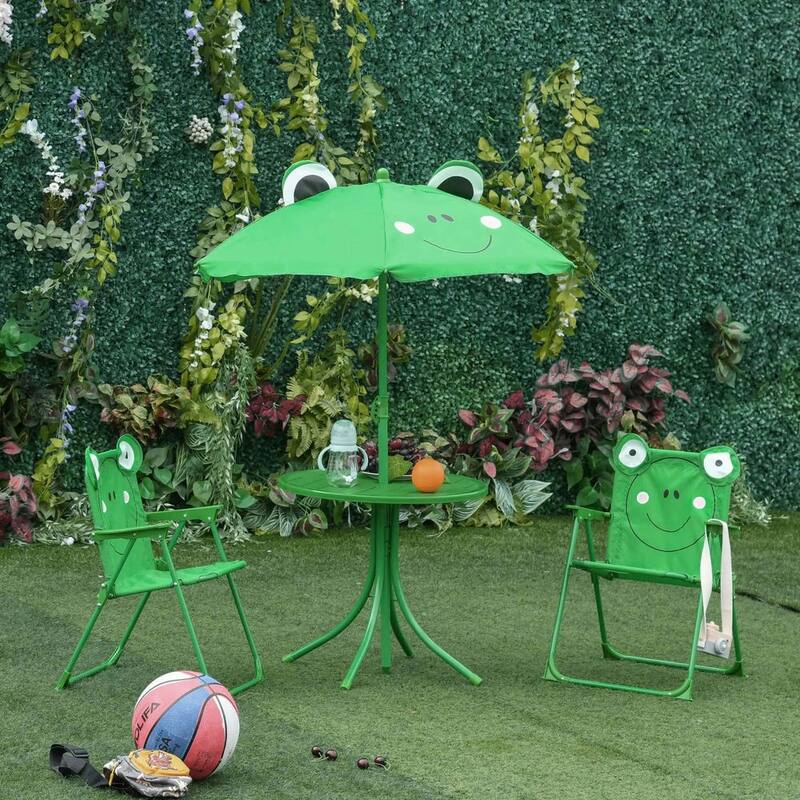 Folding Kids Picnic Table Set,Frog Pattern,Adjustable Umbrella,Garden