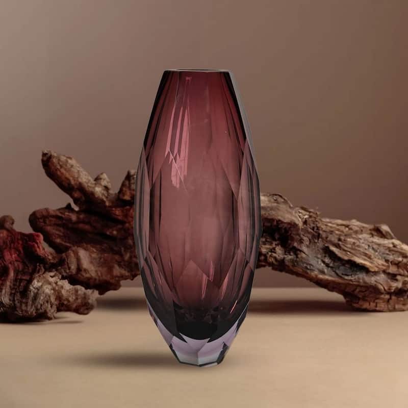 Plum Fancy Cut Glass Vase with Art Deco Inspired Geometric Design