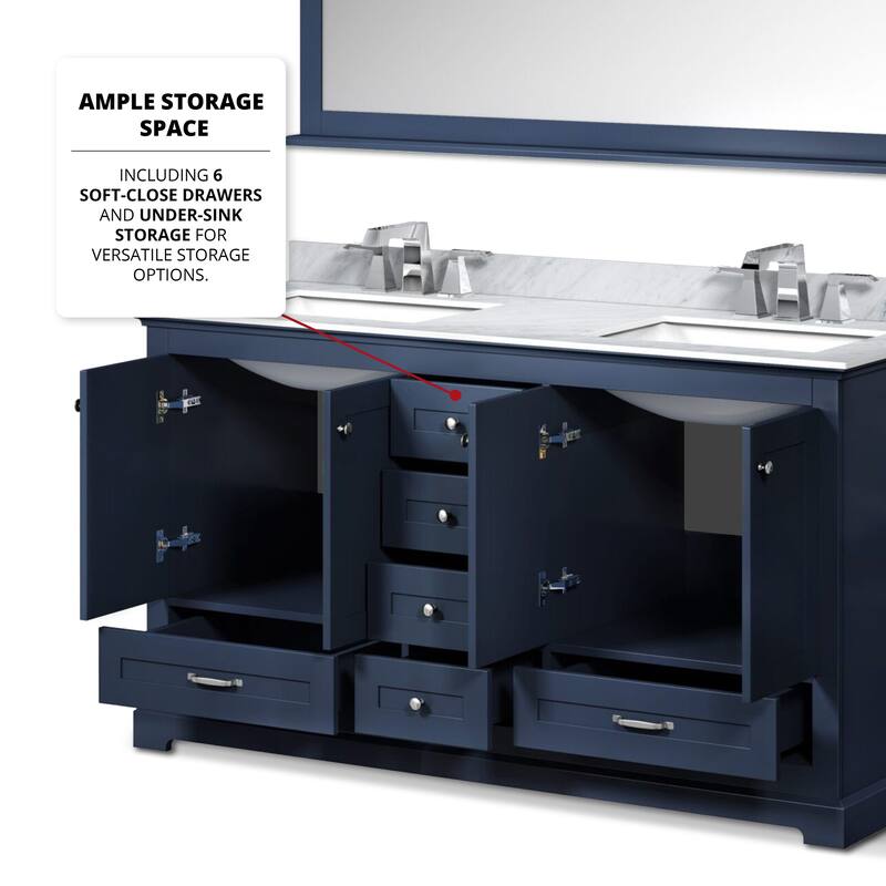 Dukes 60 in. W x 22 in. D Navy Blue Double Bath Vanity, Carrara Marble Top, and 58 in. Mirror