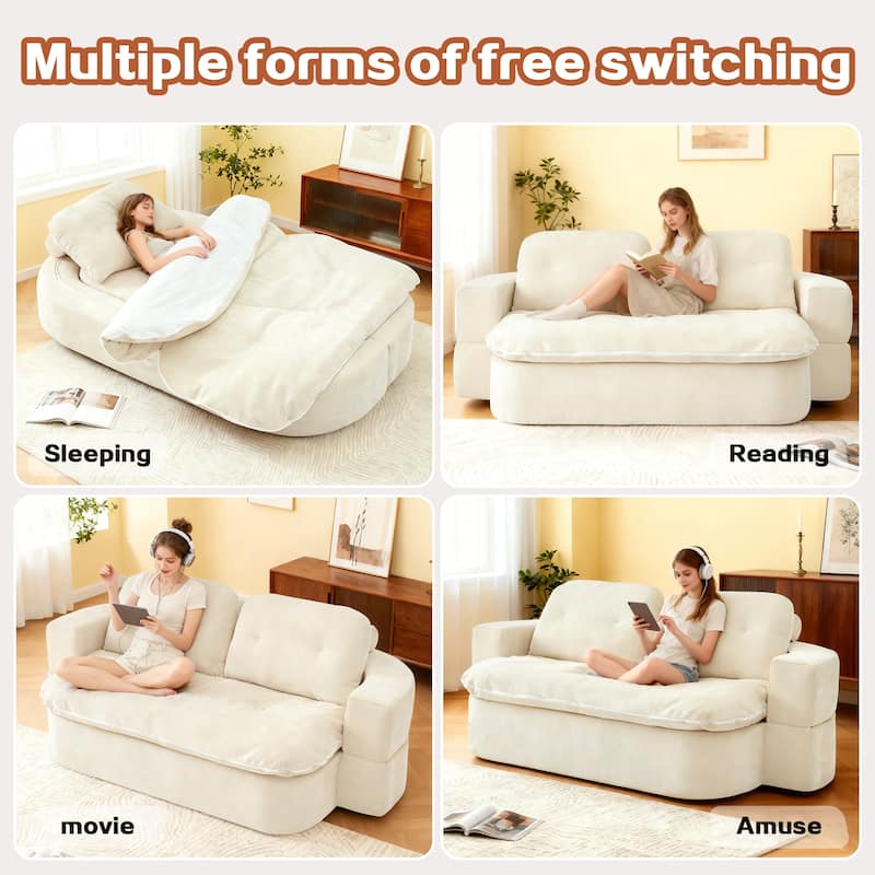 Modern 2-Seater Sofa Sofa Bed with Foldable Sofa Cushions and 2 Throw Pillows, for Living Room and Playroom, Beige