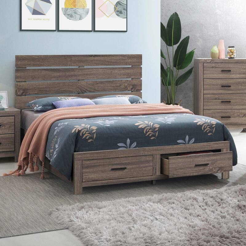 Eastern King Storage Panel Bed with Slatted Headboard and Footboard Drawers in Barrel Oak Finish - Oak