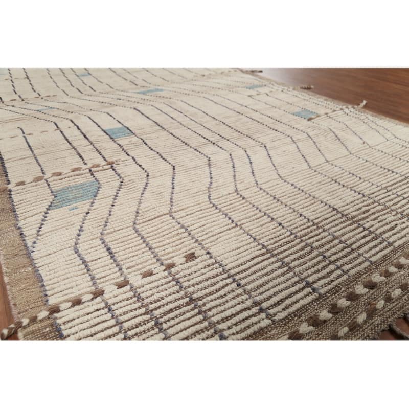 Beige Moroccan Striped Rug Hand-Knotted Wool Carpet - 5'8"x 9'11"