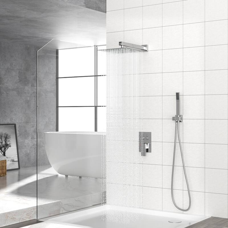 Dual Shower Head - 10 Inch Wall Mounted Square Shower System with Rough-in Valve, Brushed Nickel