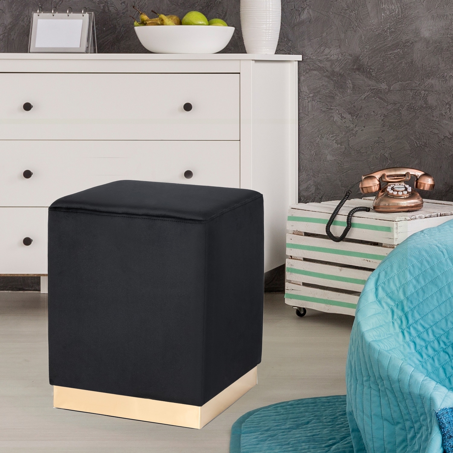 Adeco Ottoman Footrest Vanity Stool Gold Trim Footstool - Picture 7 of 19