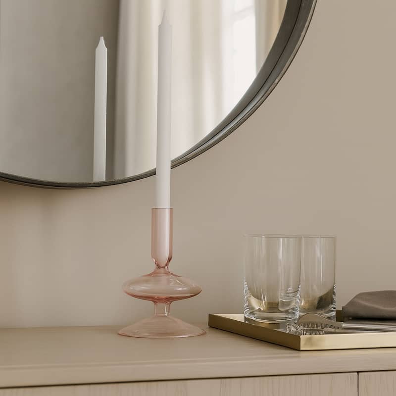Sculptural Glass Candle Holder with Rounded Accent Base - Modern Tabletop Candle Holder for Any Room - 3" x 3" x 5" - Pink